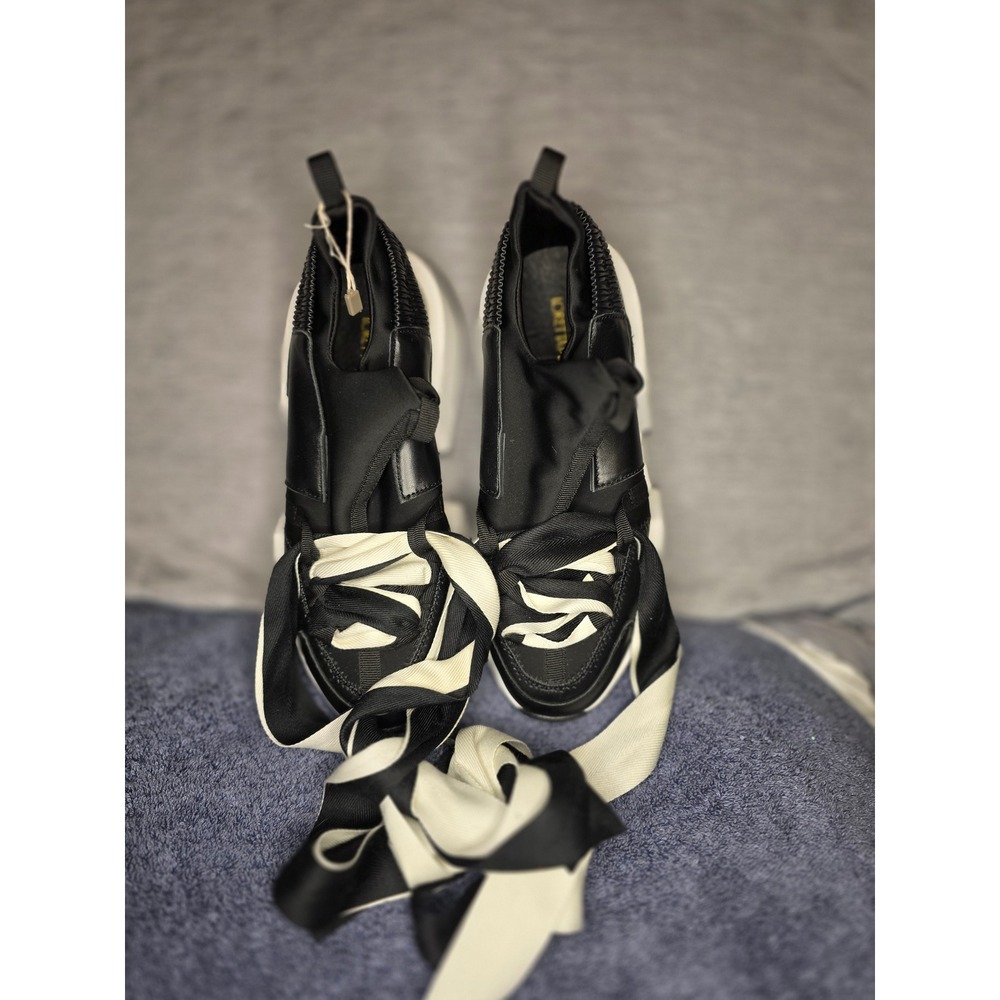 1374 Lori Pettinari Blk Leather Platform Sneakers Ribbon Laces Made in Italy 38